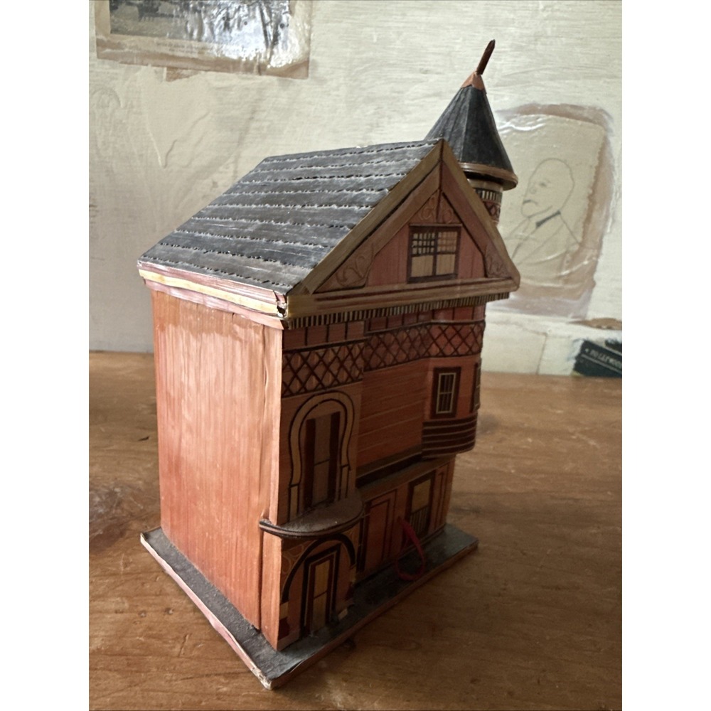 Vintage Chinese Balsa Wood‎ Straw House Trinket Box Philadelphia Meow Reo - Picture 2 of 14